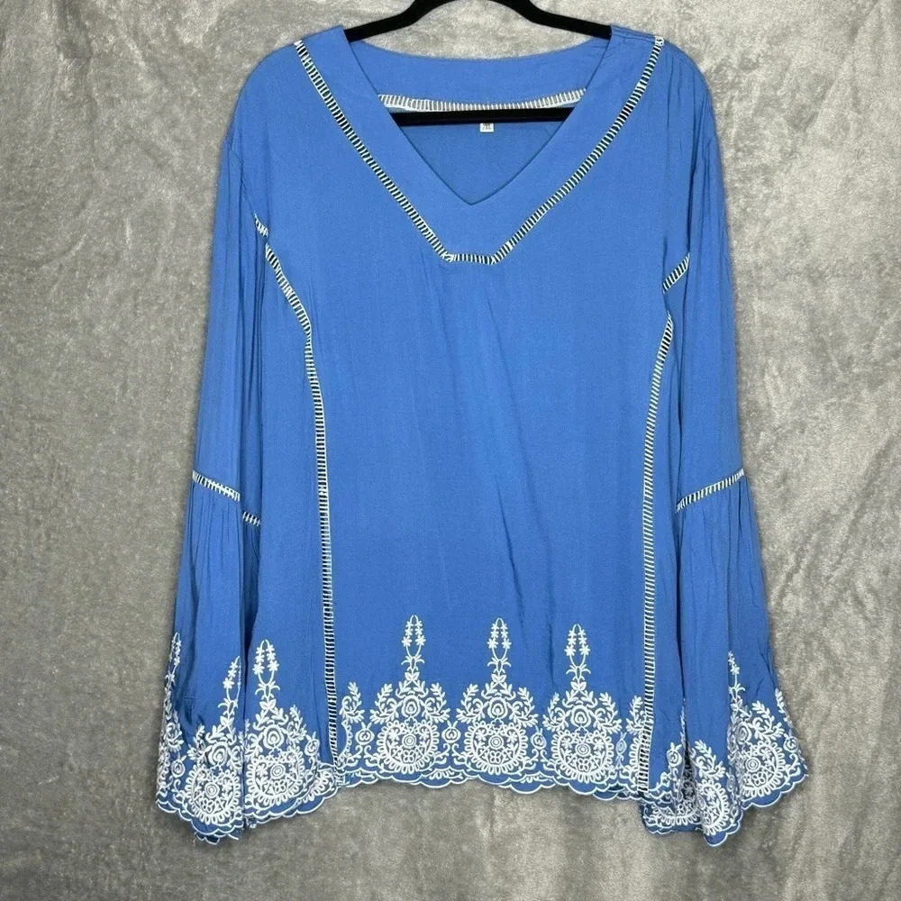 Amazon 2X Shirt Top Blue Paisley Embroidered Bell Long Sleeve V Neck Cotton